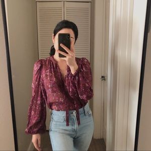 ULLA JOHNSON Carmine SILK Floral Blouse Red Purple